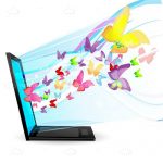 Side On View Of A Laptop With Colourful Butterflies Coming Out Of The Screen